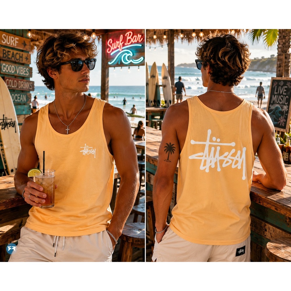 Stussy Tank Top Men's Small Yellow-Orange Logo Front Back Graphic Surf CUT TAG